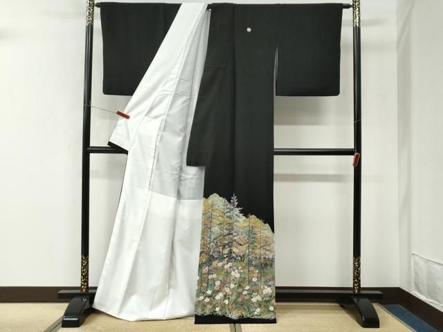 平和屋着物●豪華黒留袖 友禅 作家物 遠山草花文 正絹 逸品 CABM4575yc