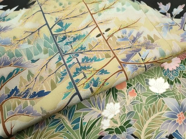 平和屋着物●豪華黒留袖 友禅 作家物 遠山草花文 正絹 逸品 CABM4575yc