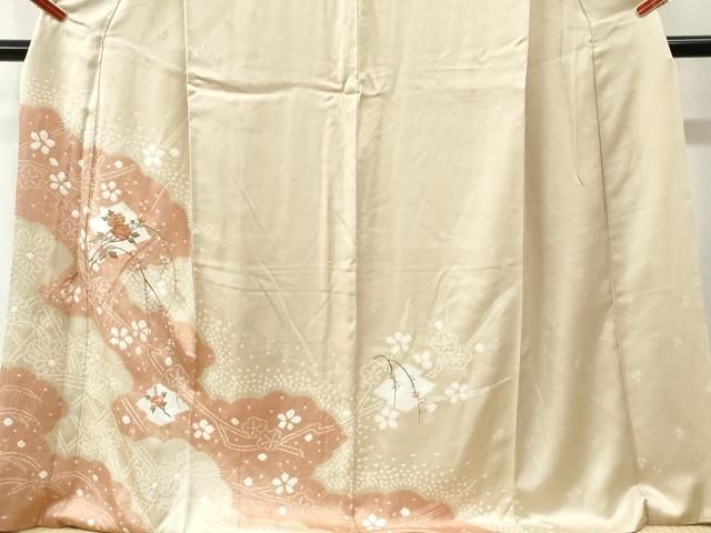 平和屋着物●訪問着 絞り 刺繍 雲取り枝花文 ロング丈 正絹 逸品 CABM4598yc
