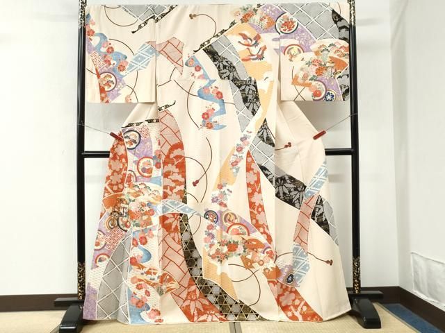 平和屋着物●訪問着 駒刺繍 地紙御所車飛鶴松竹梅花文 金彩 正絹 逸品 CABM4603yc