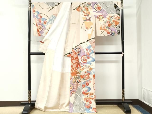 平和屋着物●訪問着 駒刺繍 地紙御所車飛鶴松竹梅花文 金彩 正絹 逸品 CABM4603yc