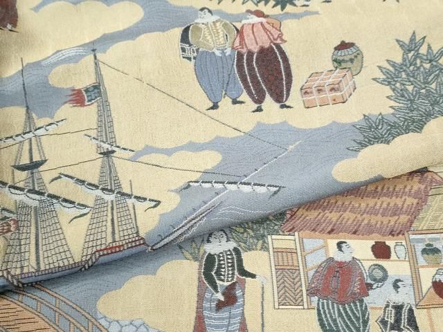 平和屋着物●上質なお召 西洋人物風景文 正絹 逸品 CABM4605yc