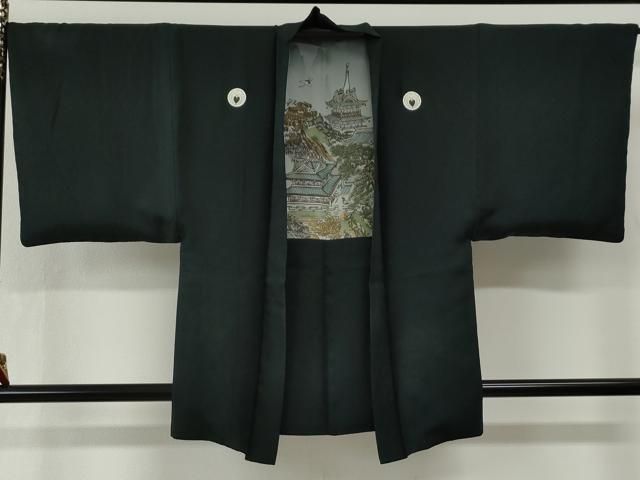 平和屋着物●男性 黒紋付 羽織セット 羽裏:飛鶴京風景文 正絹 逸品 CABM4636yc