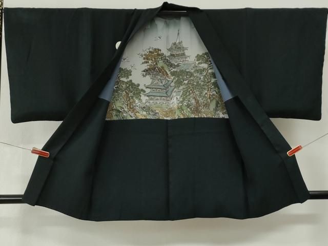 平和屋着物●男性 黒紋付 羽織セット 羽裏:飛鶴京風景文 正絹 逸品 CABM4636yc