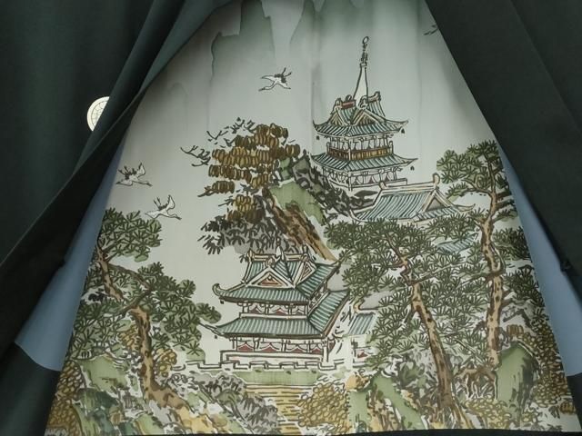 平和屋着物●男性 黒紋付 羽織セット 羽裏:飛鶴京風景文 正絹 逸品 CABM4636yc