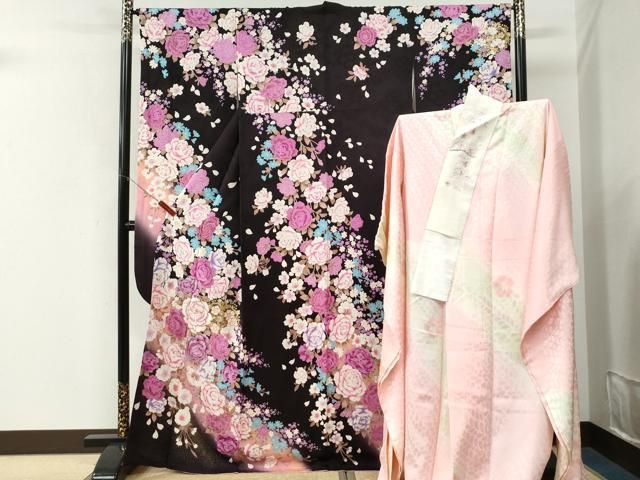 平和屋着物●豪華振袖・長襦袢セット 牡丹舞桜文 ラメ糸 ラインストーン 暈し染め 金彩 半衿刺繍 正絹 逸品 CABM4637yc