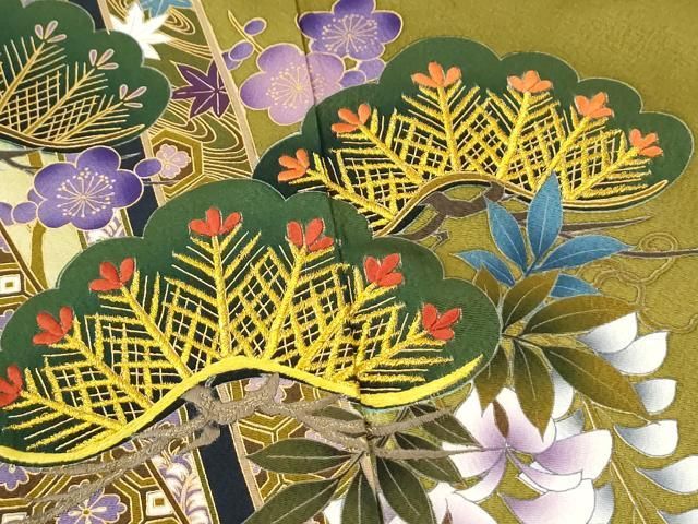 平和屋着物●豪華振袖・長襦袢セット 刺繍 牡丹枝垂れ花松文 金彩 半衿刺繍 正絹 逸品 CABM4638yc