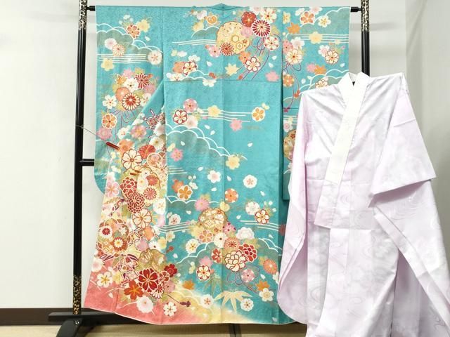 平和屋着物●豪華振袖・長襦袢セット 雪輪宝尽くし舞花文 暈し染め 金彩 正絹 逸品 CABM4640yc