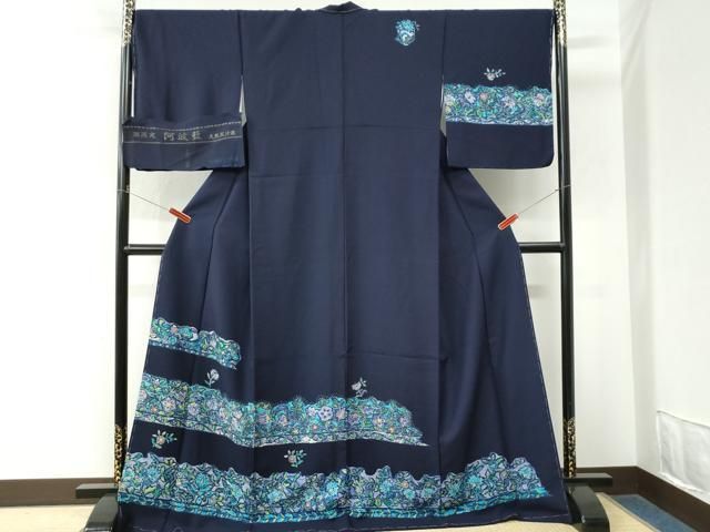 平和屋着物●国選定 阿波藍 天然灰汁建 訪問着 更紗花唐草文 反端付き ロング丈 正絹 逸品 未使用 CABM4652yc