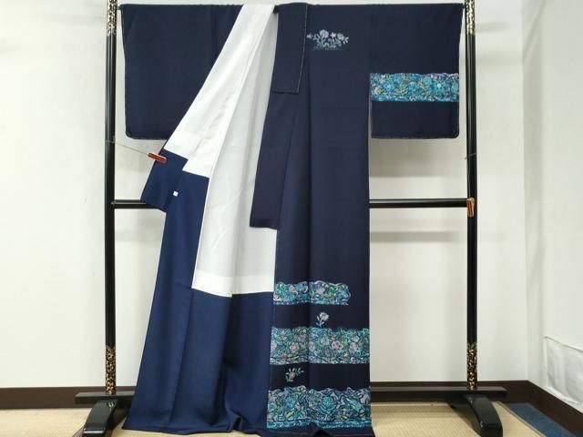 平和屋着物●国選定 阿波藍 天然灰汁建 訪問着 更紗花唐草文 反端付き ロング丈 正絹 逸品 未使用 CABM4652yc