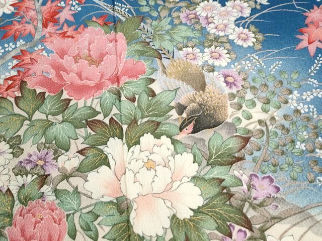 平和屋着物●豪華振袖 尾長鳥牡丹花文 暈し染め 金彩 鬼しぼ縮緬 正絹 逸品 CABM4662yc