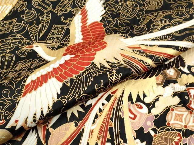 平和屋着物●豪華振袖 駒刺繍 鳳凰宝尽くし笹松文 黒地 金彩 正絹 逸品 未使用 CABM4686yc