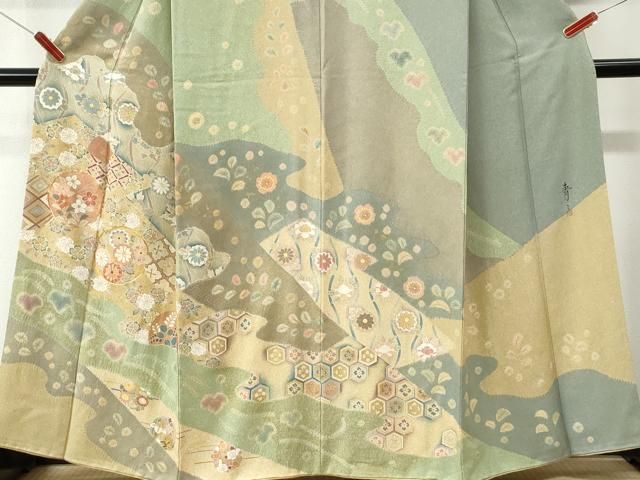 平和屋着物●京友禅の第一人者 松井青々 訪問着 駒刺繍 道長草花文 金彩 正絹 逸品 CABM4742yc