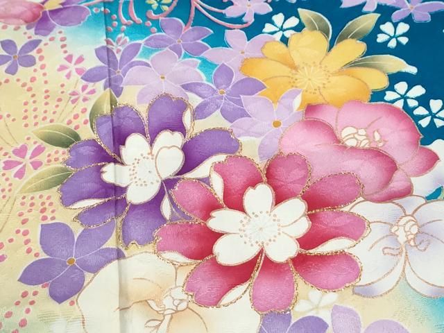 平和屋着物●豪華振袖 舞花文 ラメ糸 暈し染め 京都きもの友禅扱い 正絹 逸品 CABM4764yc
