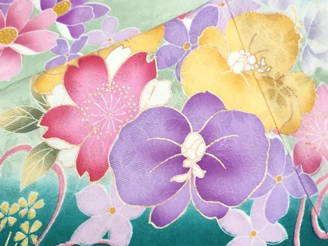 平和屋着物●豪華振袖 舞花文 ラメ糸 暈し染め 京都きもの友禅扱い 正絹 逸品 CABM4764yc