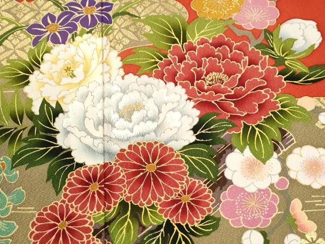平和屋着物●ファッションデザイナー 花井幸子 振袖 霞牡丹花筏文 金彩 正絹 逸品 CABM4768yc