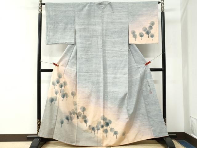 平和屋着物●訪問着 紬地 紅花染 樹林文 やまがおり工房 二郎作 正絹 逸品 CABM4783yc