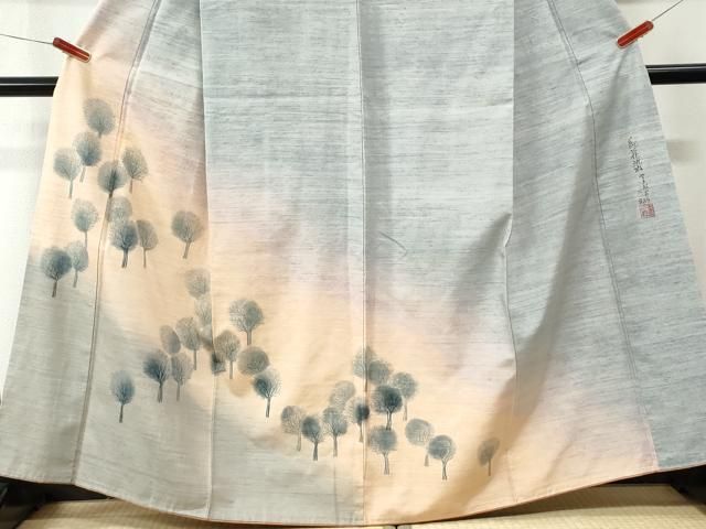 平和屋着物●訪問着 紬地 紅花染 樹林文 やまがおり工房 二郎作 正絹 逸品 CABM4783yc