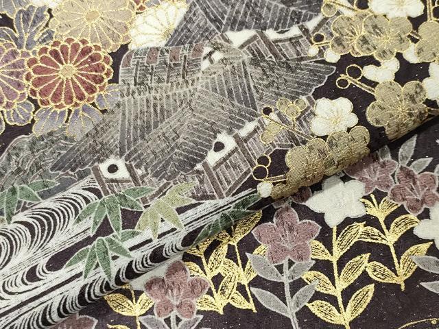 平和屋着物●訪問着 駒刺繍 風景松竹梅文 暈し染め 金彩 金通し地 正絹 逸品 CABM4832gh