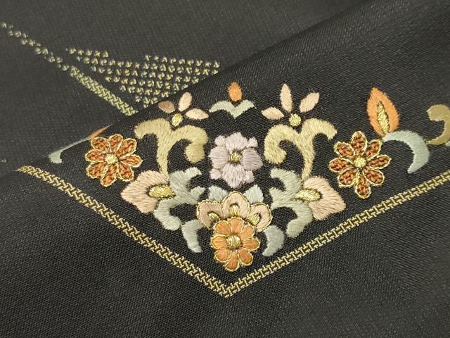 平和屋着物●本場縞大島紬 訪問着 刺繍 花唐草文 金糸 堀之内織物謹製 証紙付き 正絹 逸品 CABM4852gh