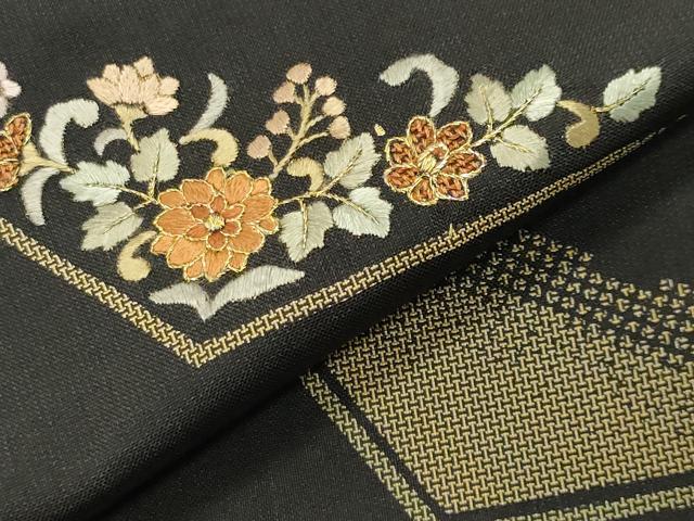 平和屋着物●本場縞大島紬 訪問着 刺繍 花唐草文 金糸 堀之内織物謹製 証紙付き 正絹 逸品 CABM4852gh