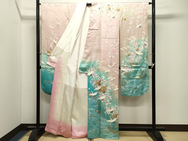 平和屋着物●豪華振袖 駒刺繍 群鶴花文 暈し染め 金銀彩 正絹 逸品 CABM4933gh