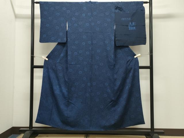 平和屋着物●訪問着 藍 型染め 花唐草文 鬼しぼ縮緬 反端付き 正絹 逸品 CABM4950gh