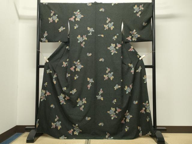 平和屋着物●上質な小紋 草花文 黒地 金彩 正絹 逸品 CABM5163gh