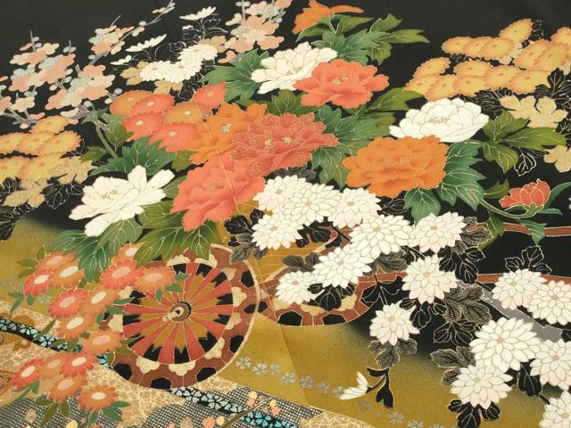 平和屋着物●女優・後藤久美子ブランド 黒留袖 刺繍 花車文 暈し染め 金彩 正絹 逸品 CABM5212gh