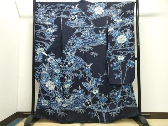 平和屋着物●藍染工房・こんや全国阿波藍染染織作家協会会員松本輝夫振袖紅型鴛鴦花蝶文鈴乃屋扱い正絹 逸品 未使用 CABM5376gh