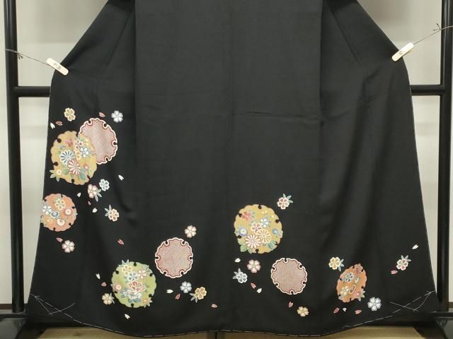 平和屋着物●訪問着 雪輪重ね花文 黒地 金彩 鬼しぼ縮緬 正絹 逸品 未使用 CABM5426gh