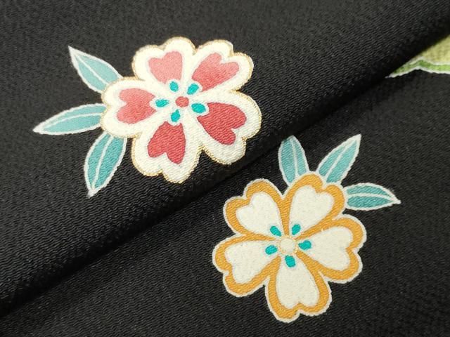 平和屋着物●訪問着 雪輪重ね花文 黒地 金彩 鬼しぼ縮緬 正絹 逸品 未使用 CABM5426gh