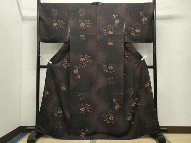 平和屋着物●上質な小紋 地紋起こし 花唐草文 黒地 正絹 逸品 CABM5481gh