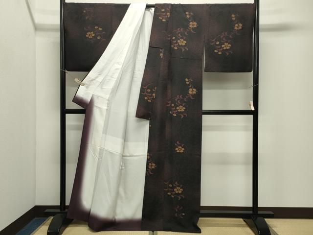平和屋着物●上質な小紋 地紋起こし 花唐草文 黒地 正絹 逸品 CABM5481gh