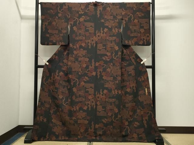 平和屋着物●上質な小紋 作家物 色紙葡萄蔦の葉文 黒地 鬼しぼ縮緬 ロング丈 正絹 逸品 CABM5519gh
