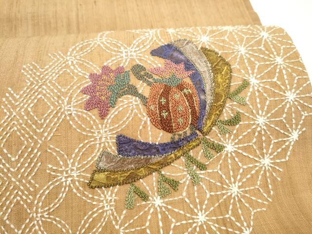平和屋着物●中国三大刺繍 相良刺繍 総刺繍 太鼓柄袋帯 紬地 刺し子 吉祥花文 正絹 逸品 CABM6038hy
