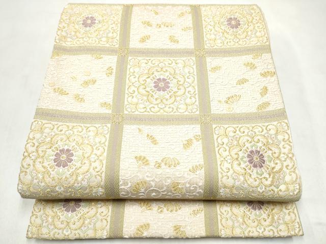 平和屋着物●六通柄袋帯 唐織 格子花唐草文 金糸 正絹 逸品 CABM6052hy