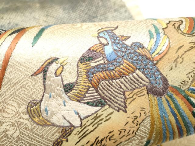 平和屋着物●人間国宝 五代 田畑喜八 六通柄袋帯 刺繍 休み鳥 金糸 正絹 逸品 CABM6066hy