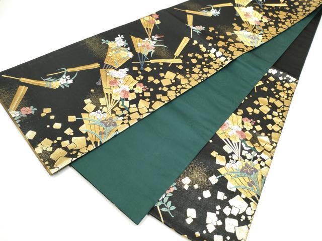 平和屋着物●染色作家 草野一騎 六通柄袋帯 桧扇草花文 黒地 金糸 正絹 逸品 CABM6073hy