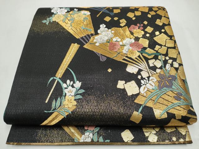 平和屋着物●染色作家 草野一騎 六通柄袋帯 桧扇草花文 黒地 金糸 正絹 逸品 CABM6073hy