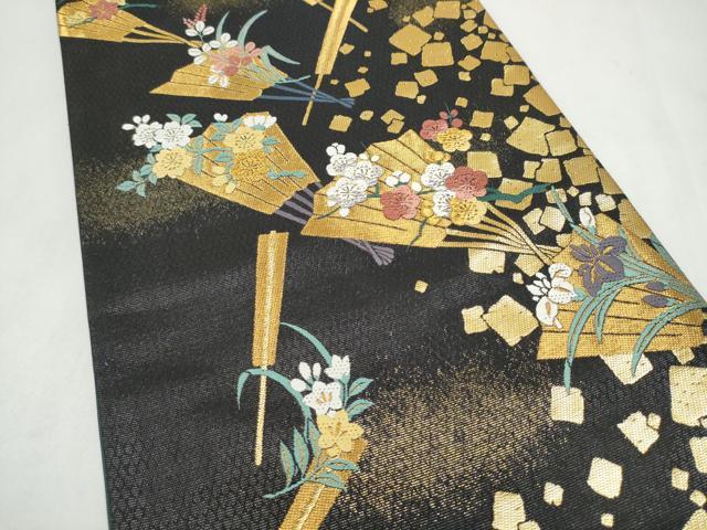 平和屋着物●染色作家 草野一騎 六通柄袋帯 桧扇草花文 黒地 金糸 正絹 逸品 CABM6073hy