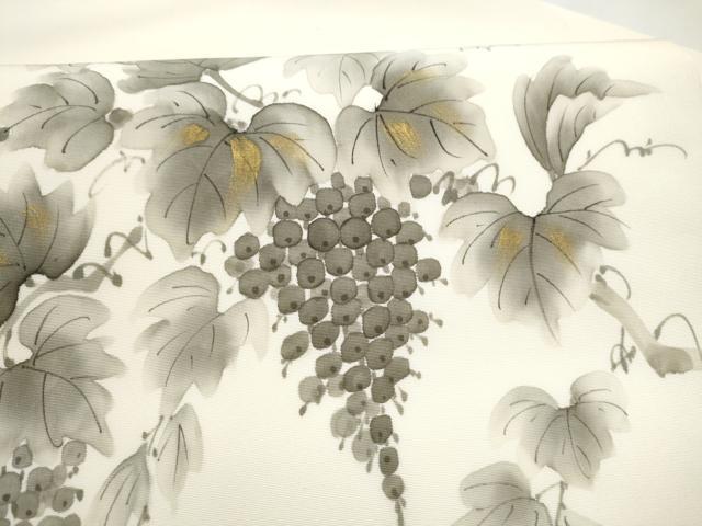 平和屋着物●内山晴祥 手描き 塩瀬 九寸名古屋帯 葡萄蔦の葉文 金糸 正絹 逸品 CABM6097hy