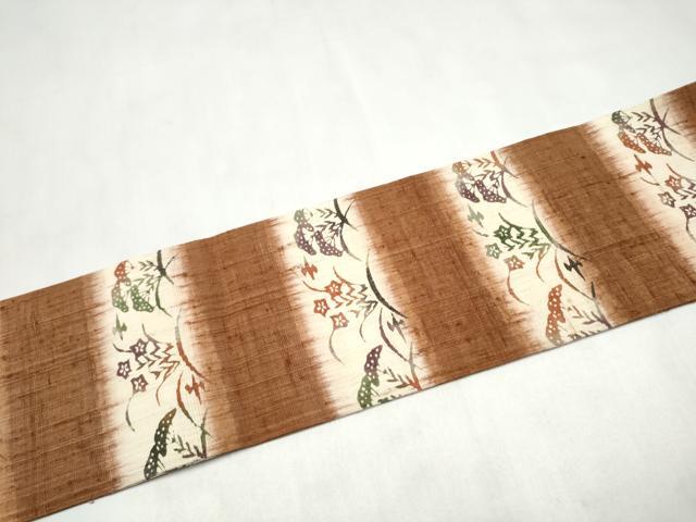 平和屋着物●九寸名古屋帯 紬地 型染め 草花文 正絹 逸品 CABM6100hy
