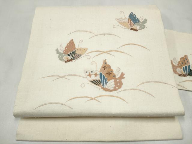 平和屋着物●中国三大刺繍 相良刺繍 総刺繍 九寸名古屋帯 紬地 舞蝶文 正絹 逸品 CABM6114hy