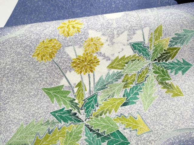 平和屋着物●染織工芸作家 京手描友禅 田村信之 九寸名古屋帯 たんぽぽ 銀通し地 正絹 逸品 CABM6123hy