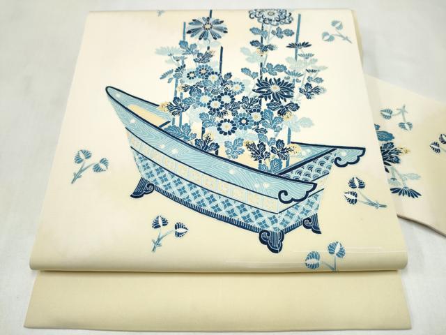 平和屋着物●人間国宝・羽田登喜男 塩瀬 九寸名古屋帯 草花文 正絹 逸品 CABM6128hy