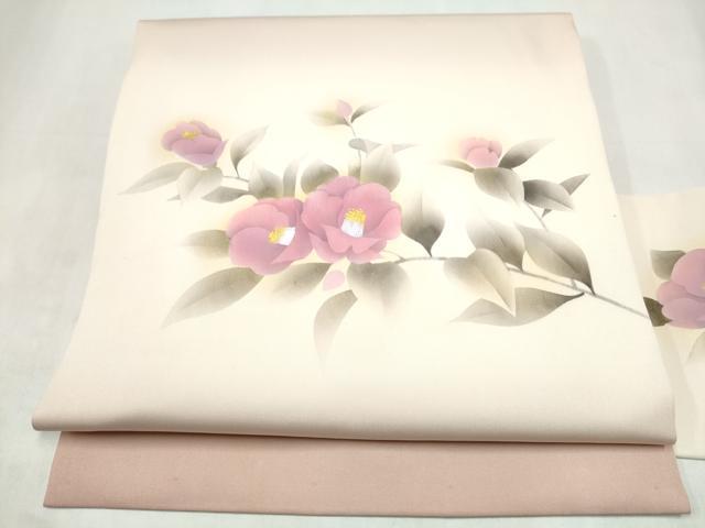 平和屋着物●塩瀬 九寸名古屋帯 手描き 枝椿 正絹 逸品 CABM6171hy