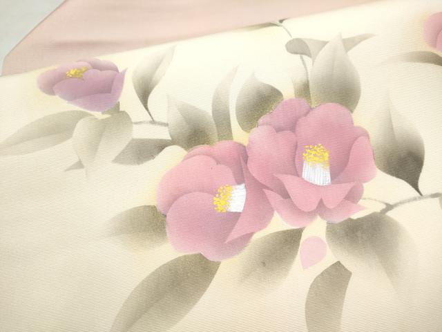 平和屋着物●塩瀬 九寸名古屋帯 手描き 枝椿 正絹 逸品 CABM6171hy