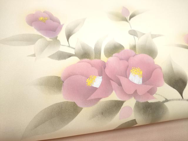 平和屋着物●塩瀬 九寸名古屋帯 手描き 枝椿 正絹 逸品 CABM6171hy