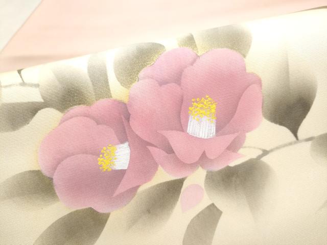 平和屋着物●塩瀬 九寸名古屋帯 手描き 枝椿 正絹 逸品 CABM6171hy